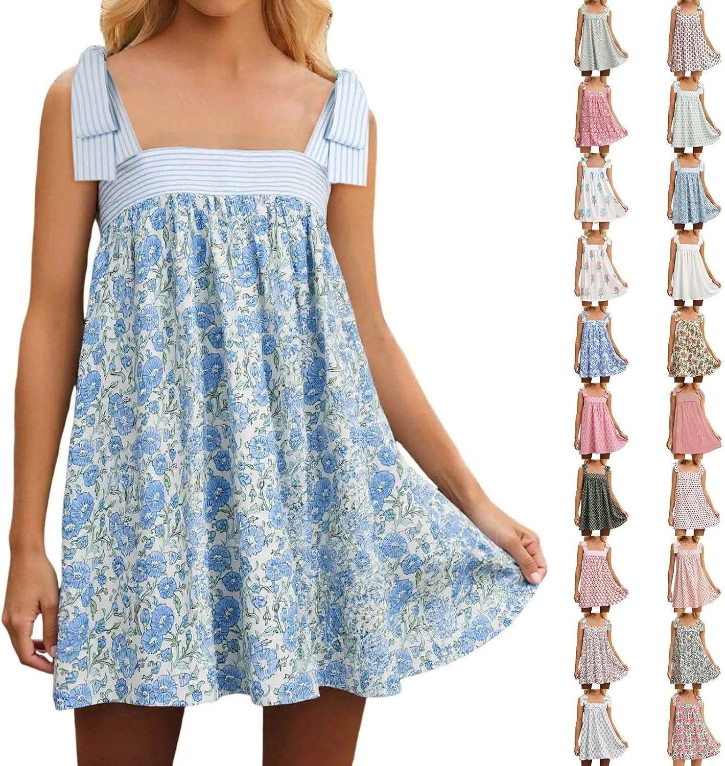 Women Floral Tie Shoulder Mini Dress Summer Cute Square Neck Loose Beach Short Dress Backless Boho Vocation Sundress