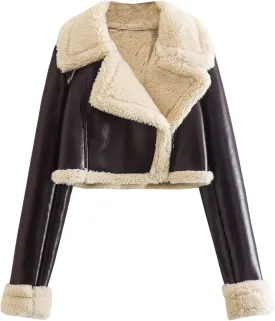 Women Leather Jacket Faux Fur Moto Jacket Thicken Fleece Lined Parka Winter Shearling Fluffy Coat Cropped Bomber Jacket