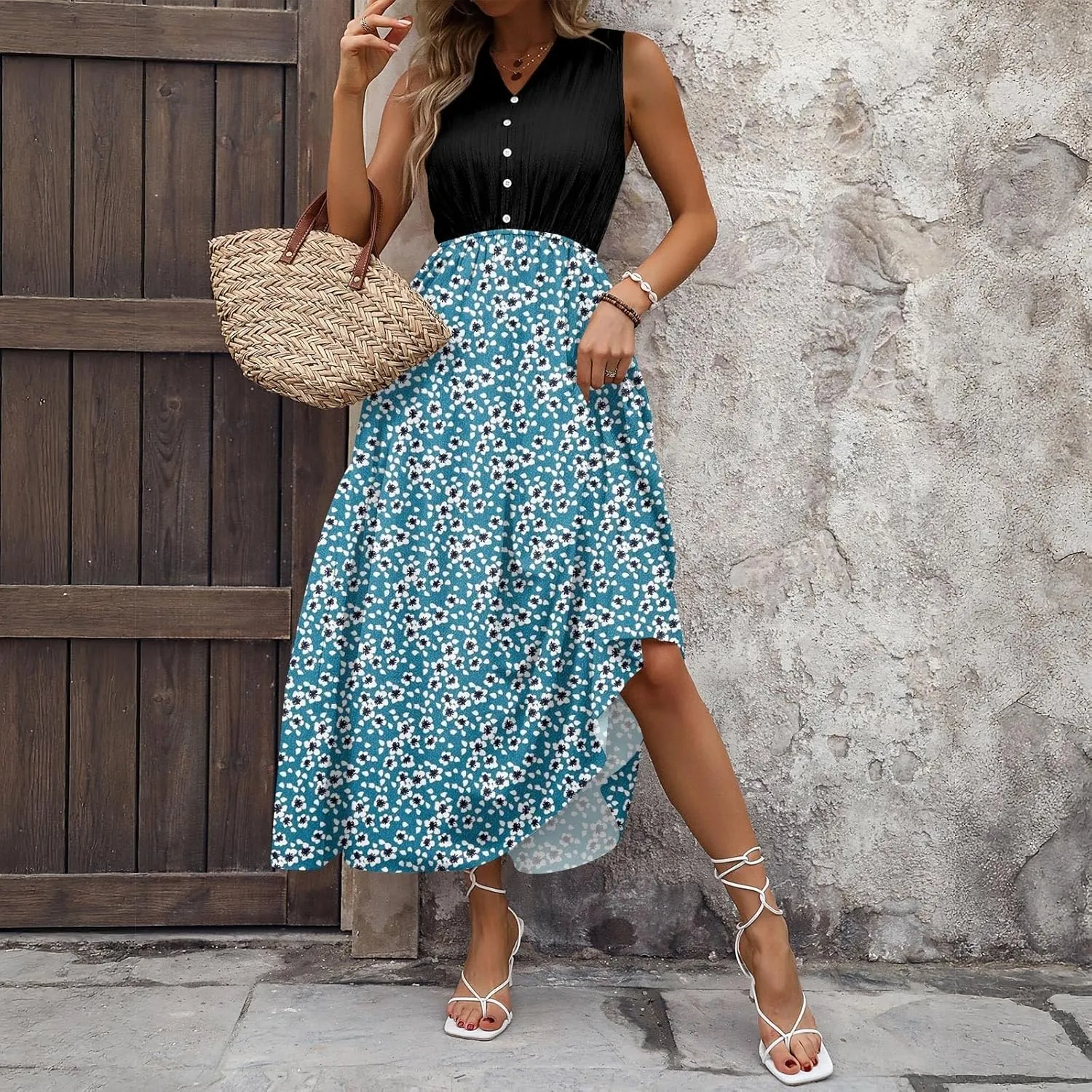 Women Summer Sleeveless Dresses 2025 V Neck Patchwork Boho Floral Ruffle Cocktail Party Midi Dress