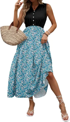 Women Summer Sleeveless Dresses 2025 V Neck Patchwork Boho Floral Ruffle Cocktail Party Midi Dress