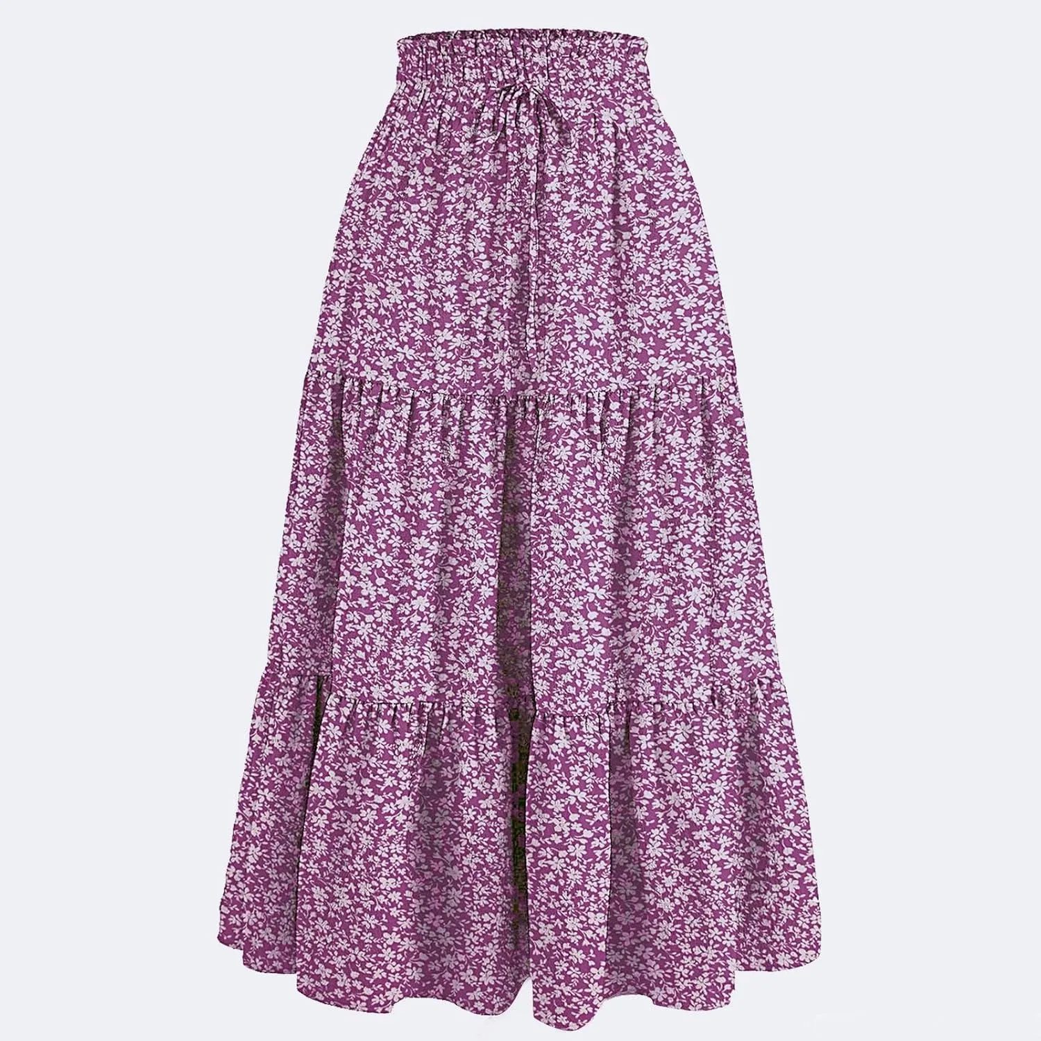 Womens Elastic High Waist Midi Skirt Flowy Ruffle Tie Front A Line Skirts Casual Summer Trendy Floral Tiered Skirt