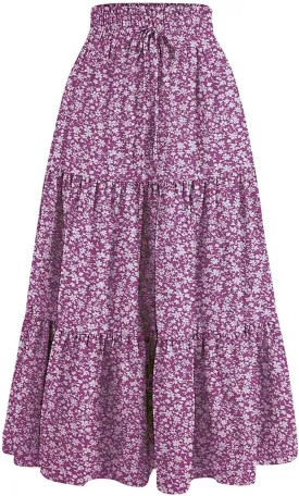 Womens Elastic High Waist Midi Skirt Flowy Ruffle Tie Front A Line Skirts Casual Summer Trendy Floral Tiered Skirt