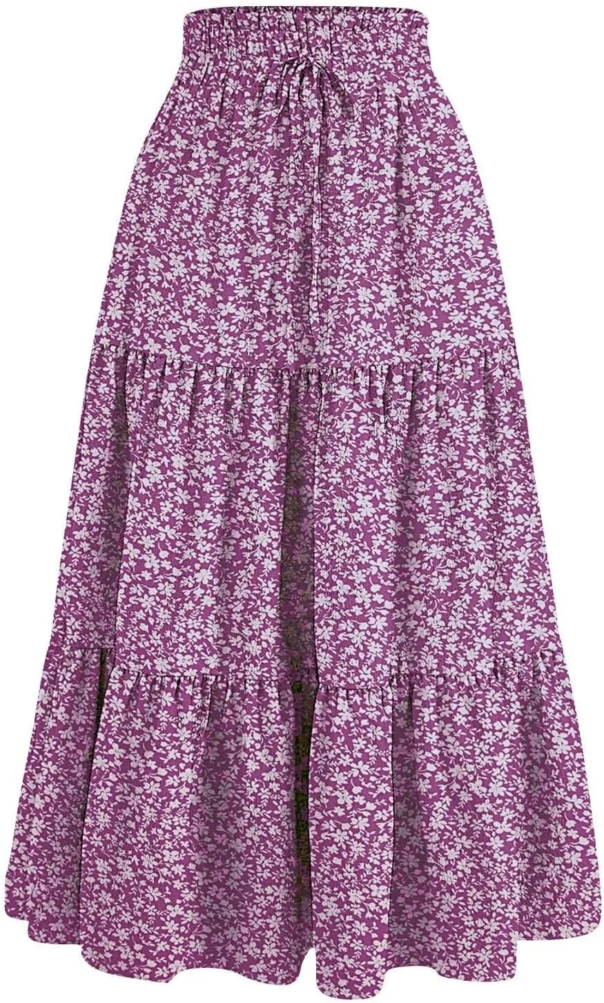 Womens Elastic High Waist Midi Skirt Flowy Ruffle Tie Front A Line Skirts Casual Summer Trendy Floral Tiered Skirt