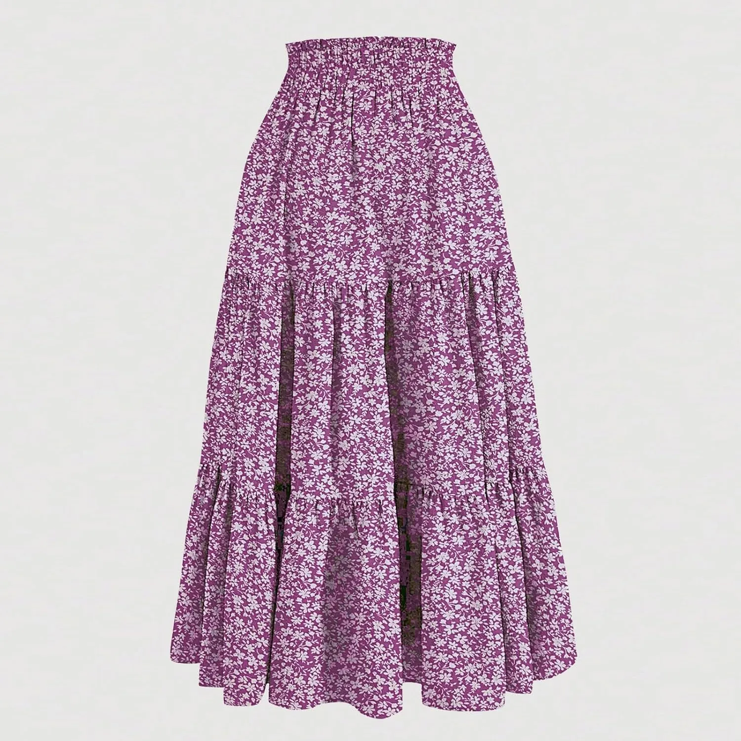 Womens Elastic High Waist Midi Skirt Flowy Ruffle Tie Front A Line Skirts Casual Summer Trendy Floral Tiered Skirt