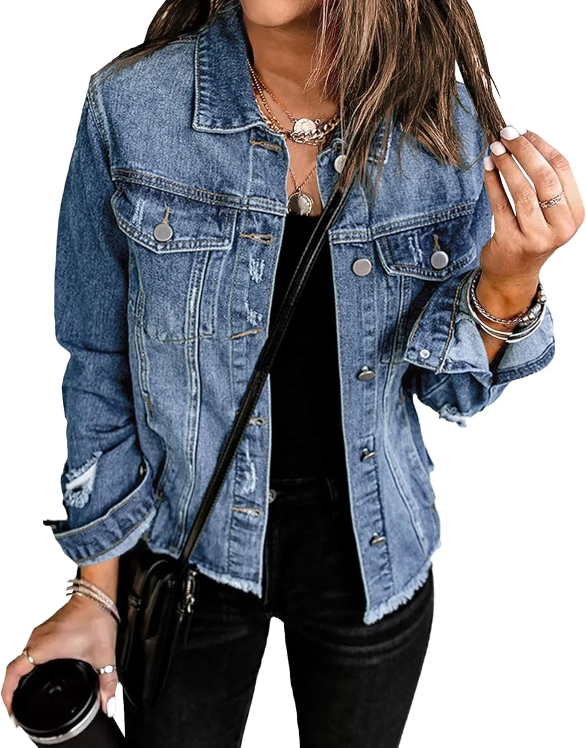 Womens Jackets Trendy Long Sleeve Cropped Denim Jacket Relaxed Boyfriend Frayed Hem Vintage Jean Jackets