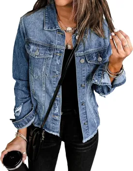 Womens Jackets Trendy Long Sleeve Cropped Denim Jacket Relaxed Boyfriend Frayed Hem Vintage Jean Jackets