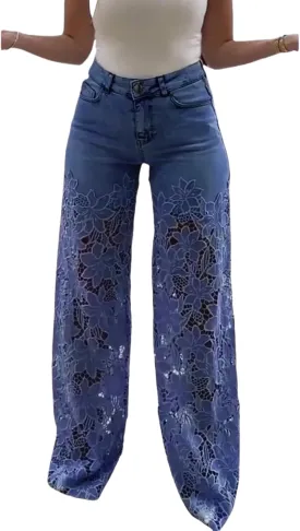 Women's Lace Patchwork Hollow Jeans, Floral Patchwork Ripped Straight Leg Jeans Trouser, Lace Pants for Women Sexy