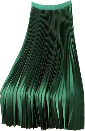 Women's Satin Metallic Pleated Skirt Elastic High Waist Flare Casual Long Swing A-Line Skirt Shiny Flowy Midi Skirt