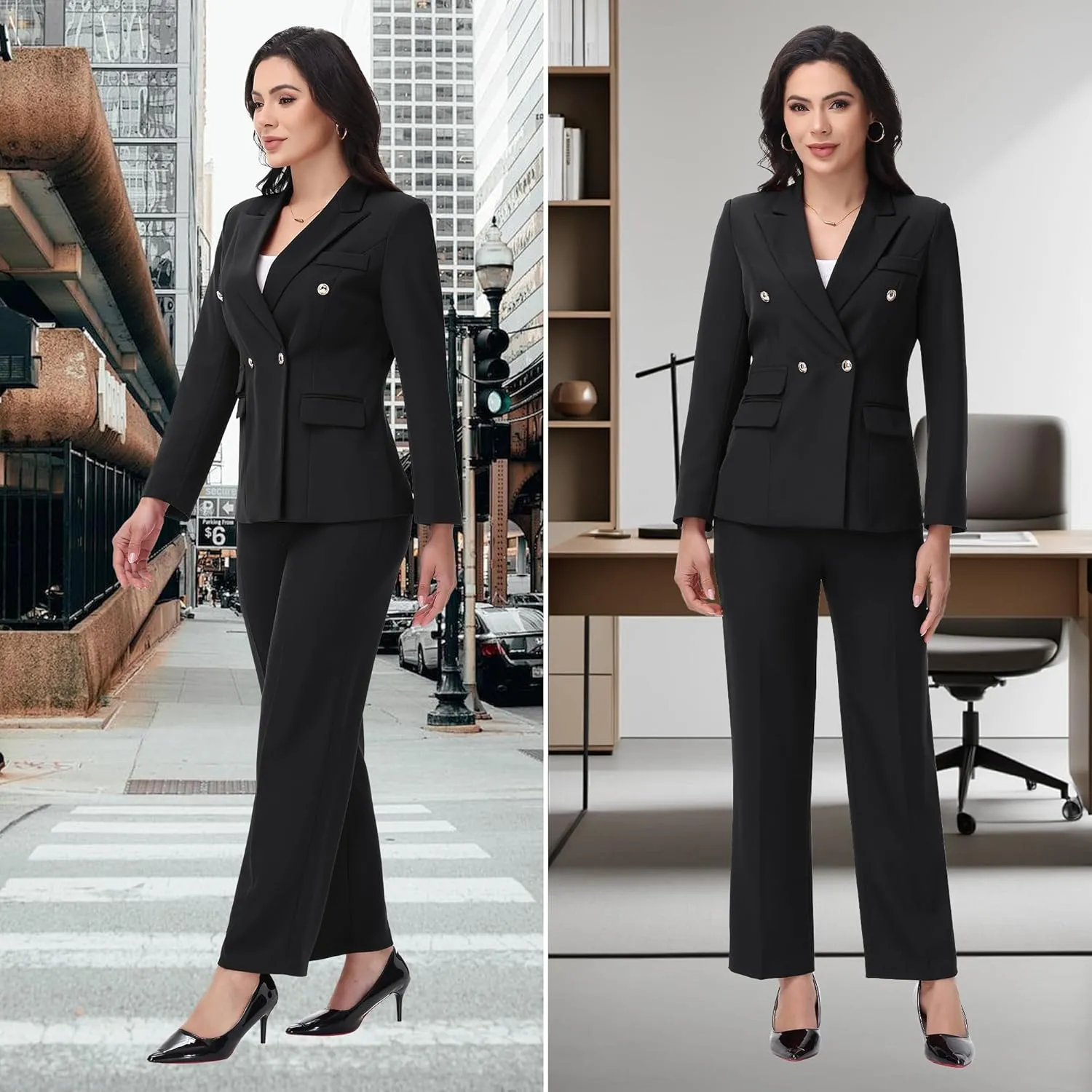 Women's Suiting Pants Suits for Women Dressy Double-Breasted Blazer Business Casual Outfits