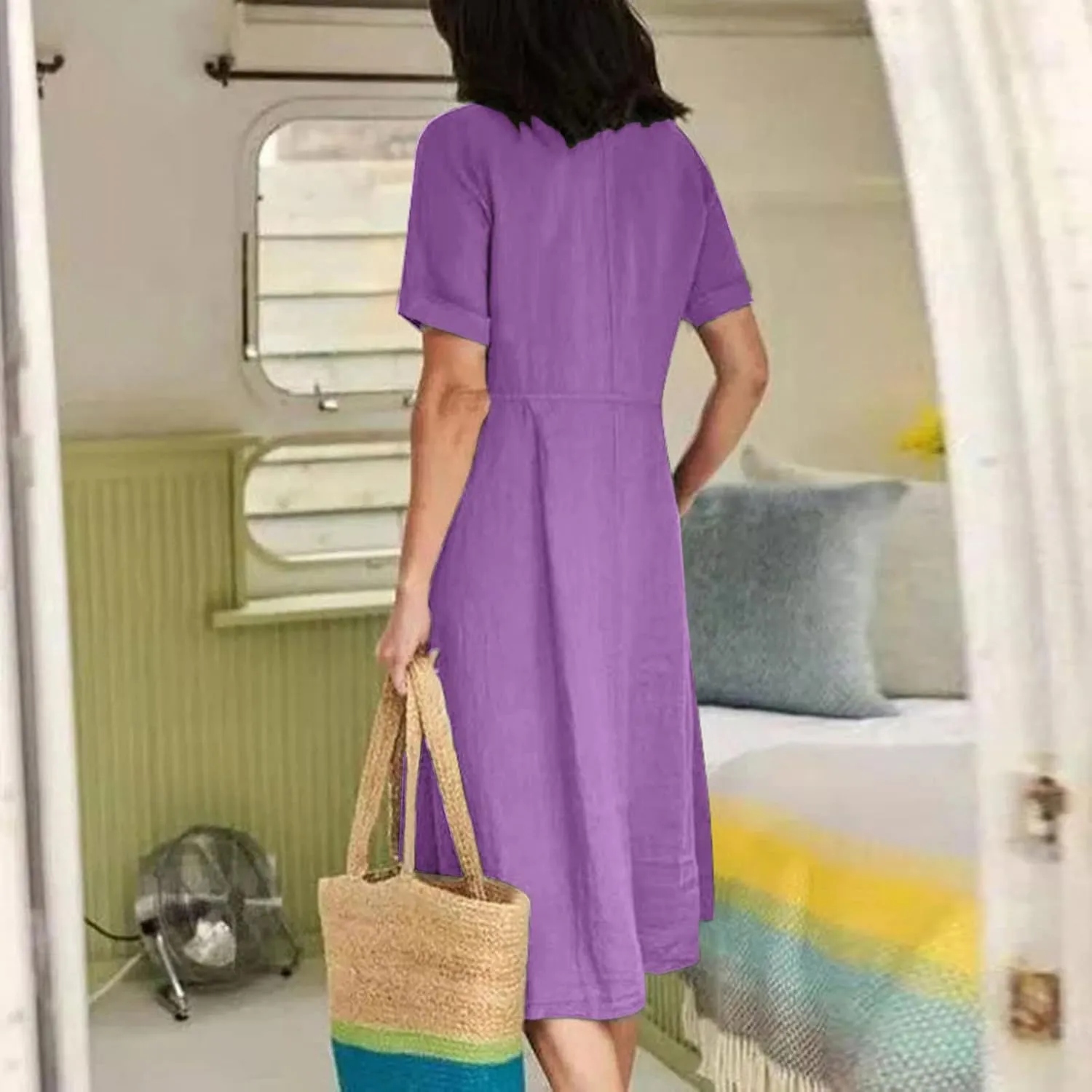 Women's Summer Casual V-Neck Button Down Shirt Dress Solid Short Sleeve Cotton Linen Dress Plus Size Maxi Dress
