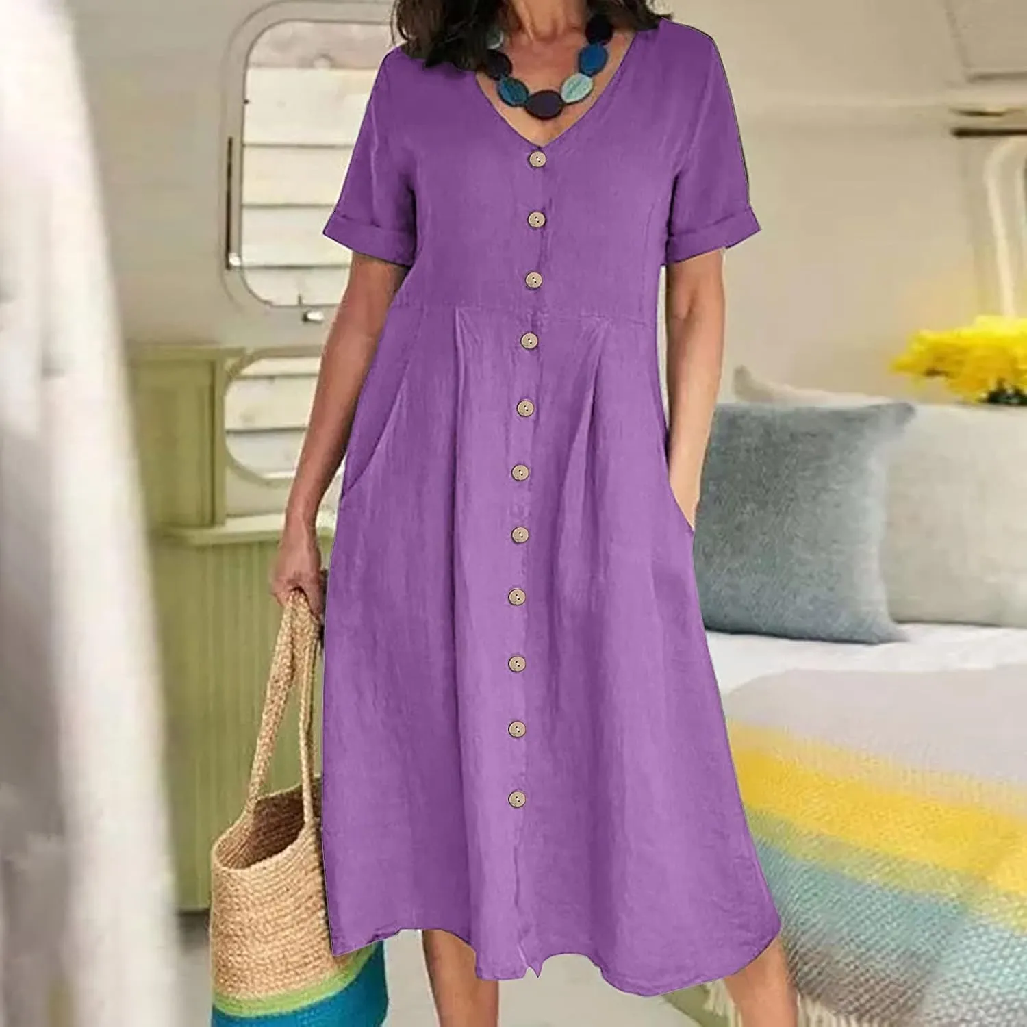 Women's Summer Casual V-Neck Button Down Shirt Dress Solid Short Sleeve Cotton Linen Dress Plus Size Maxi Dress