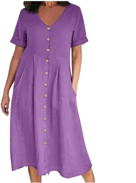 Women's Summer Casual V-Neck Button Down Shirt Dress Solid Short Sleeve Cotton Linen Dress Plus Size Maxi Dress