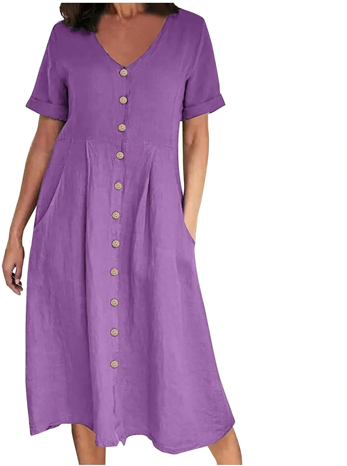 Women's Summer Casual V-Neck Button Down Shirt Dress Solid Short Sleeve Cotton Linen Dress Plus Size Maxi Dress