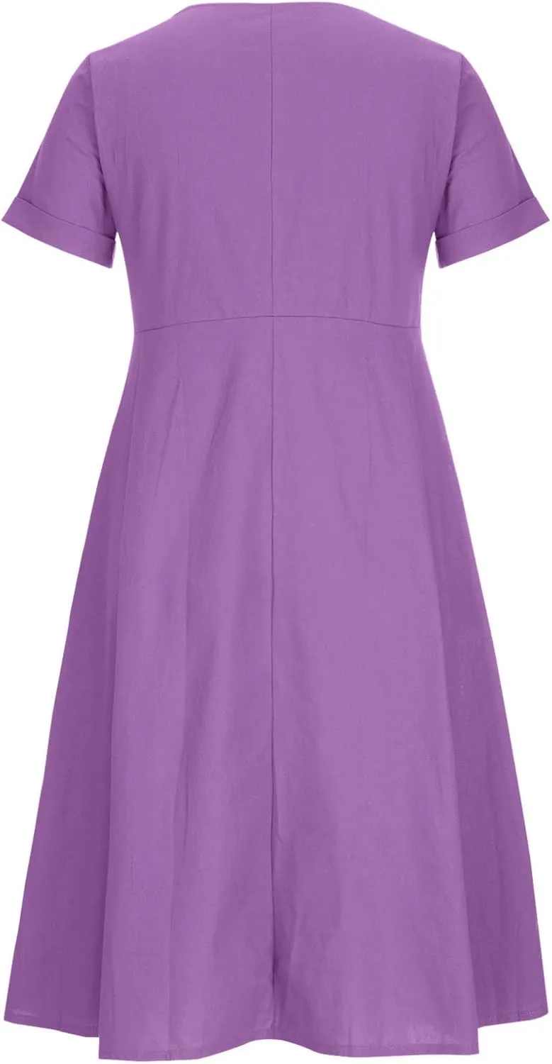 Women's Summer Casual V-Neck Button Down Shirt Dress Solid Short Sleeve Cotton Linen Dress Plus Size Maxi Dress