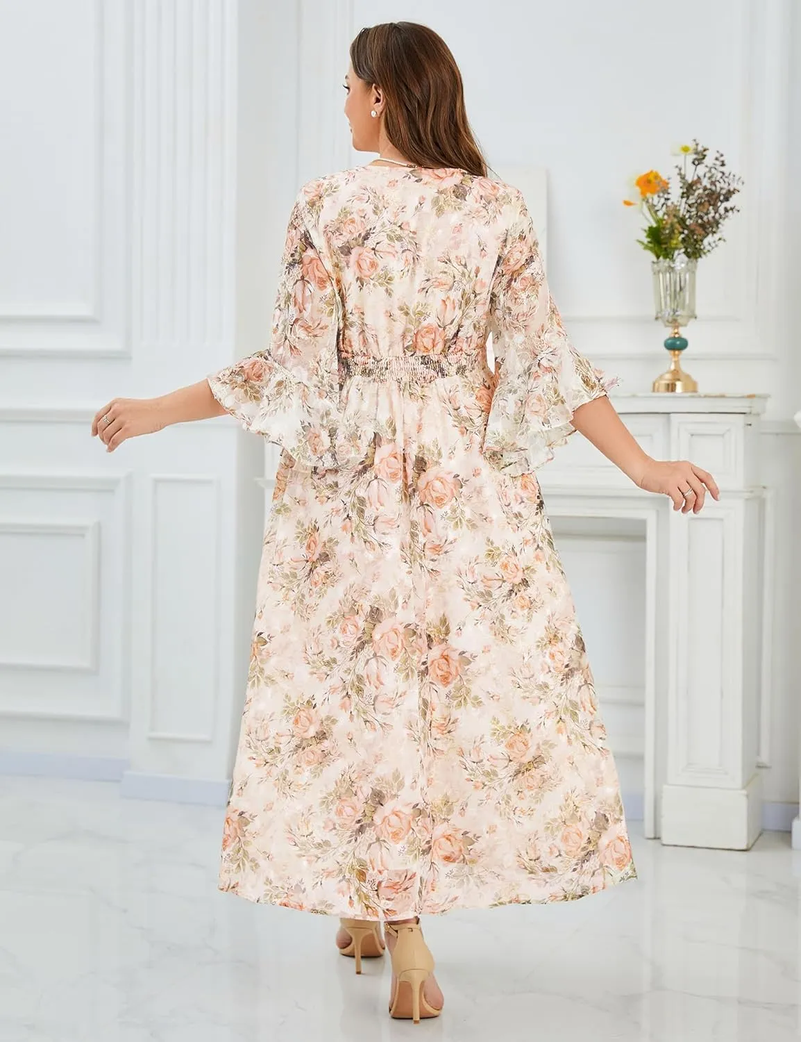 Women's V Neck Floral Dress Bell Half Sleeve Smocked Waist Side Split Flowy A Line Maxi Wedding Guest Dresses