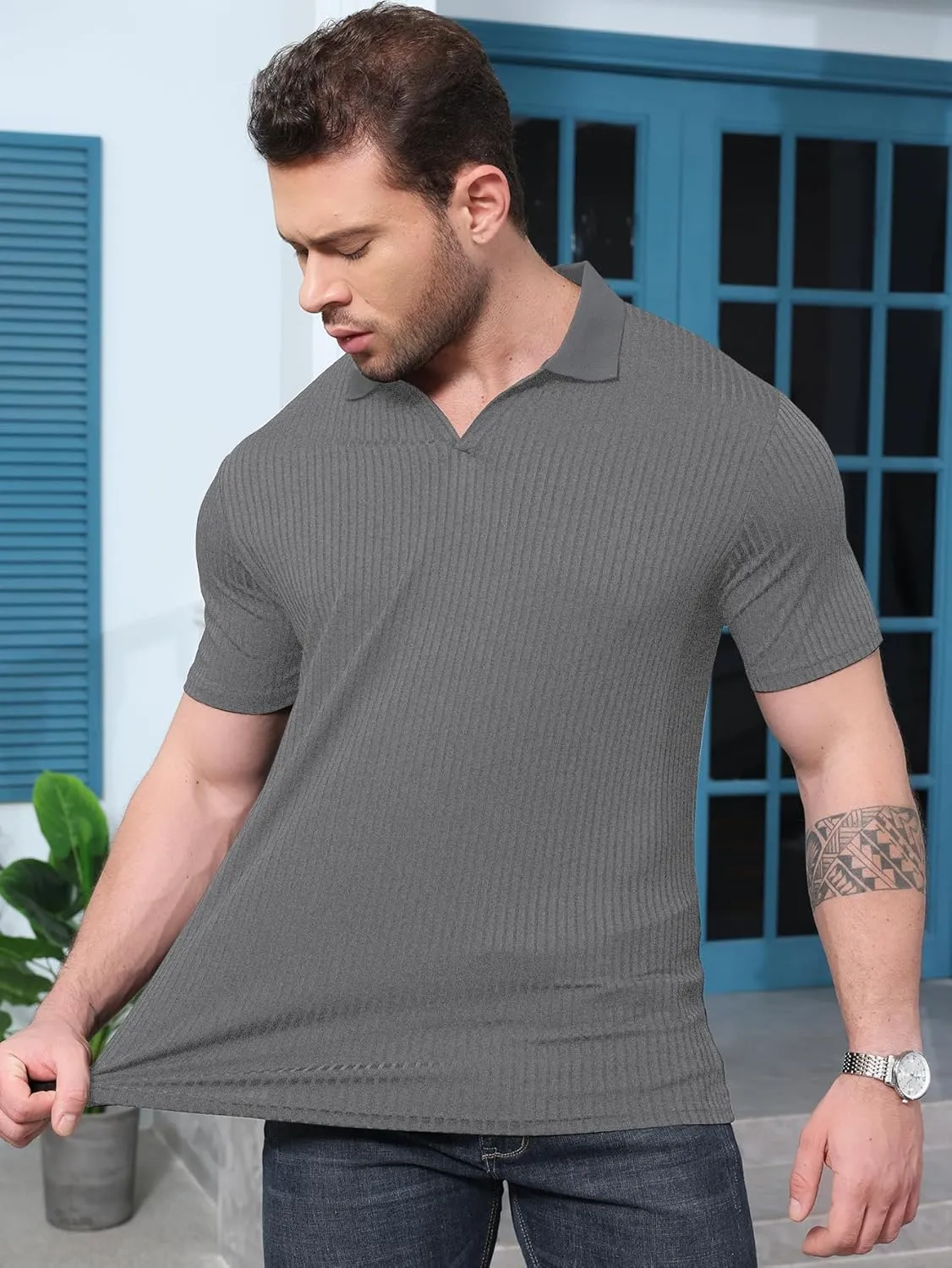 YKR Men's Muscle V Neck Polo Shirts Slim Fit Short Sleeve Golf Shirts Ribbed Knit Soft Stretch T Shirt