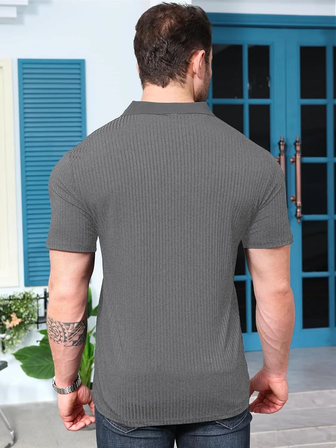 YKR Men's Muscle V Neck Polo Shirts Slim Fit Short Sleeve Golf Shirts Ribbed Knit Soft Stretch T Shirt