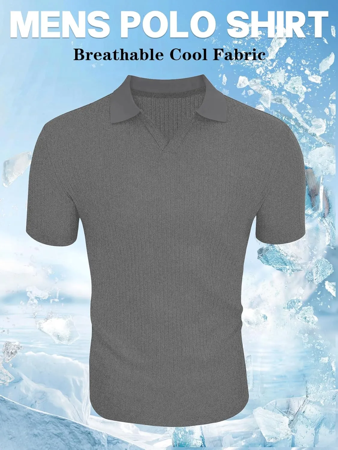 YKR Men's Muscle V Neck Polo Shirts Slim Fit Short Sleeve Golf Shirts Ribbed Knit Soft Stretch T Shirt