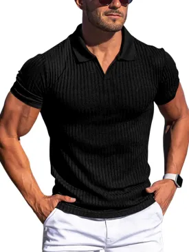 YKR Men's Muscle V Neck Polo Shirts Slim Fit Short Sleeve Golf Shirts Ribbed Knit Soft Stretch T Shirt