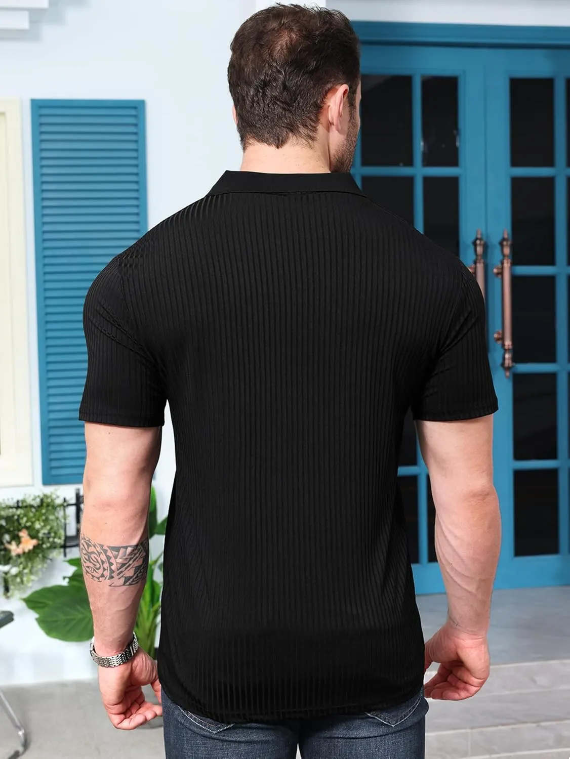 YKR Men's Muscle V Neck Polo Shirts Slim Fit Short Sleeve Golf Shirts Ribbed Knit Soft Stretch T Shirt