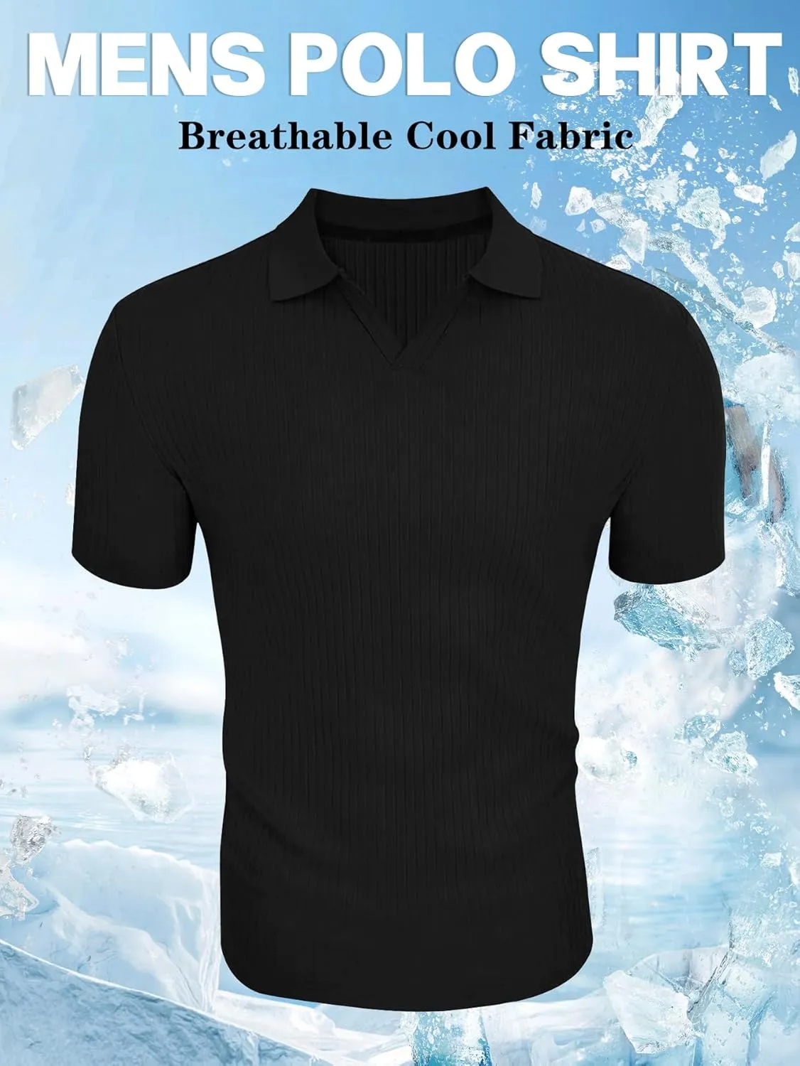 YKR Men's Muscle V Neck Polo Shirts Slim Fit Short Sleeve Golf Shirts Ribbed Knit Soft Stretch T Shirt