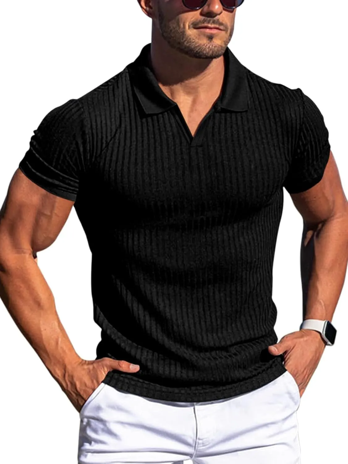 YKR Men's Muscle V Neck Polo Shirts Slim Fit Short Sleeve Golf Shirts Ribbed Knit Soft Stretch T Shirt