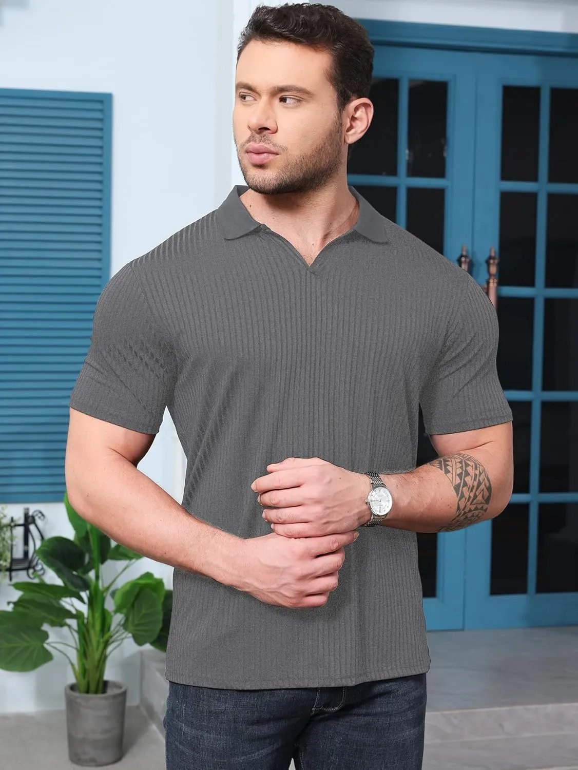 YKR Men's Muscle V Neck Polo Shirts Slim Fit Short Sleeve Golf Shirts Ribbed Knit Soft Stretch T Shirt