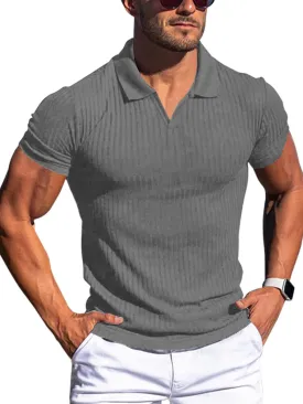 YKR Men's Muscle V Neck Polo Shirts Slim Fit Short Sleeve Golf Shirts Ribbed Knit Soft Stretch T Shirt