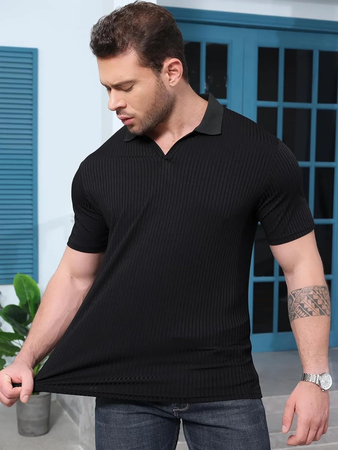 YKR Men's Muscle V Neck Polo Shirts Slim Fit Short Sleeve Golf Shirts Ribbed Knit Soft Stretch T Shirt