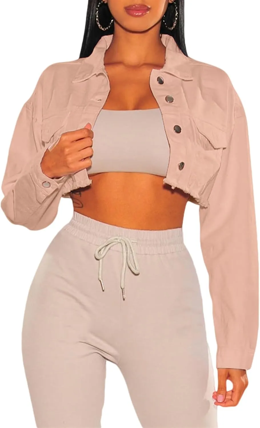 YouSexy Cropped Denim Jackets for Women Long Sleeve Destroyed Wash Jean Jackets